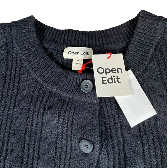 OPEN EDIT Black Cropped Cardigan Cable Knit XL Crew Neck Long Sleeve Button Up - Picture 7 of 10